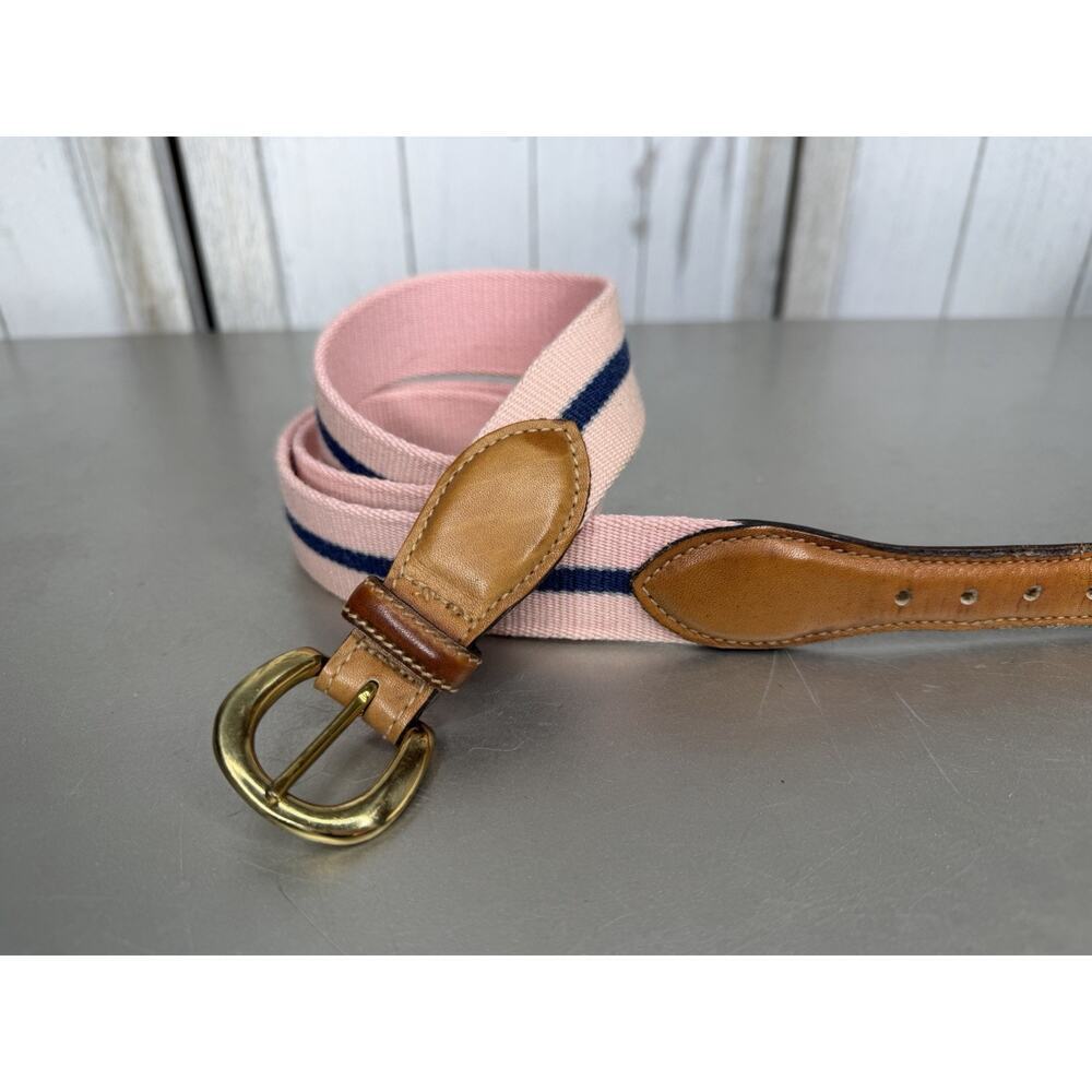 VTG Trafalgar Woven Belt Leather Accents Size 38 Made In USA Pink Blue